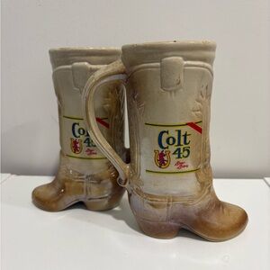 Vintage Colt 45 Boot Shaped Ceramic Beer Mugs Beige and Brown (x2)